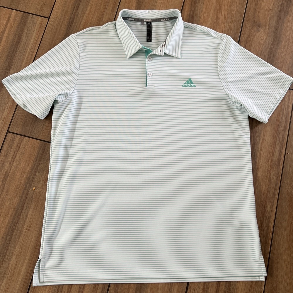 MENS ADIDAS POLO GOLF SHIRT WHITE TEAL STRIPED
